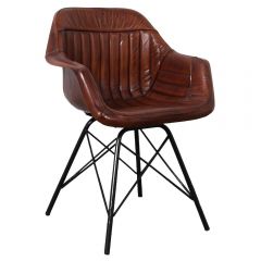 Industrial Style Wide Seat Dining Chair Covered in Brown Leather 