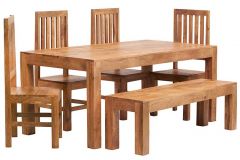 Dakota Light Mango 6 FT Dining Set with Bench & 4 Slatted Chairs