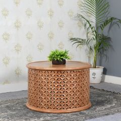 Carved Mango Wood Round Coffee Table