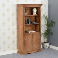 Carved Mango Wood Large Corner Bookcase - 3 Shelving & 1 Door