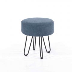 Soft Furnishings blue fabric upholstered round stool with black metal legs